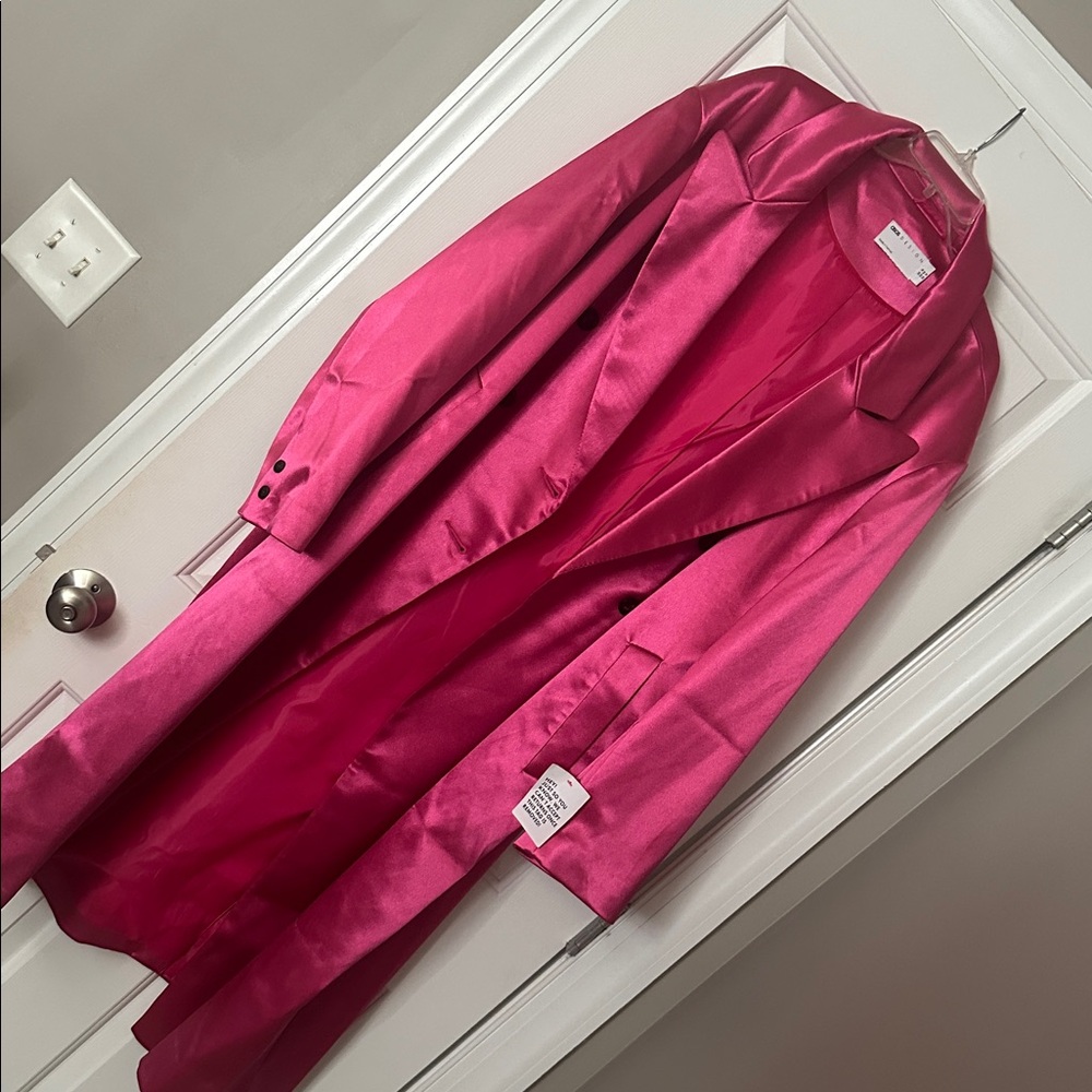 Sleek Oversized Pink Satin Trench Coat